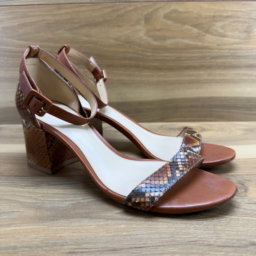 Alexandre Birman Snake Embossed Heels Womens 9 EU 39 Ankle Strap Saddle Brown